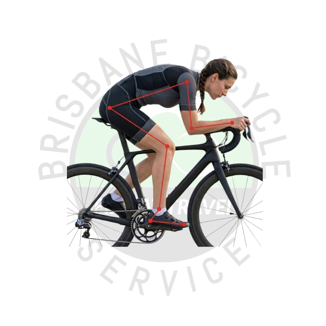 Cyclist in riding position — biomechanical joint angle analysis showing 7 pain zones