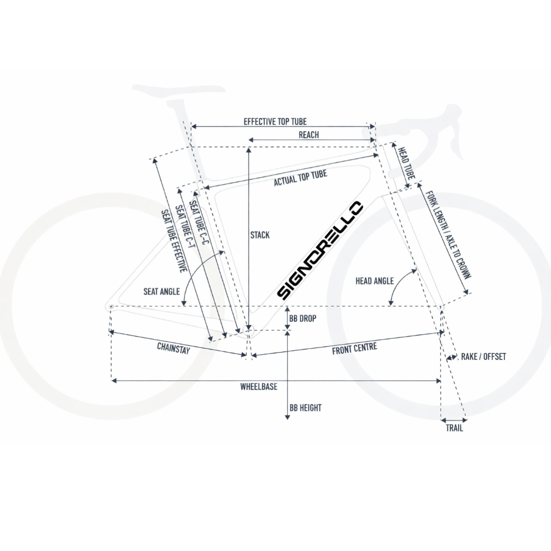 Signorello custom frame geometry diagram showing stack, reach, head angle, seat angle, chainstay, wheelbase and all key measurements