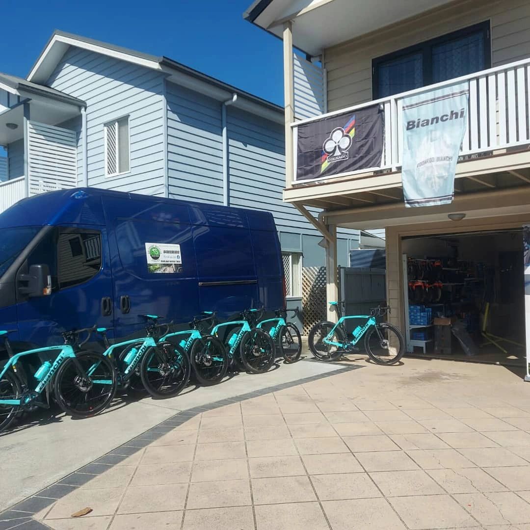 Corporate bike fleet — Bianchi bicycles outside shop